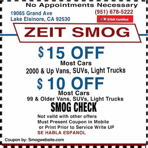 $15 off smog check coupon — Zeit Smog, Lake Elsinore